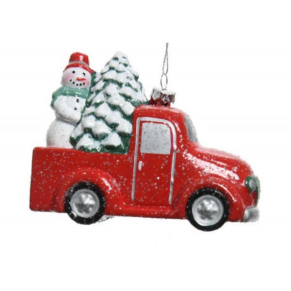 Χριστουγεννιάτικo Κρεμαστό Αυτοκινητάκι Κόκκινο, με Χιονάνθρωπο (12cm)